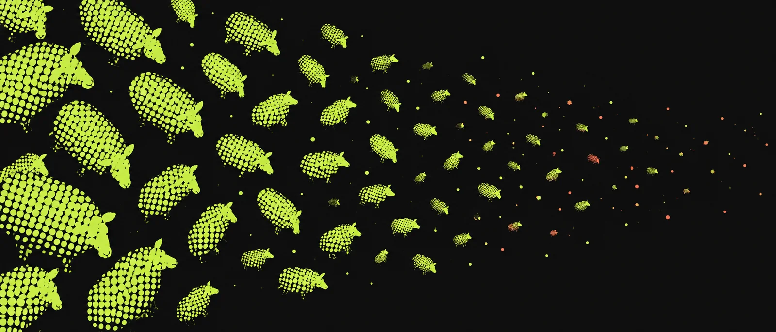 A flock of halftone sheep thinning out from left to right until only single dots remain.