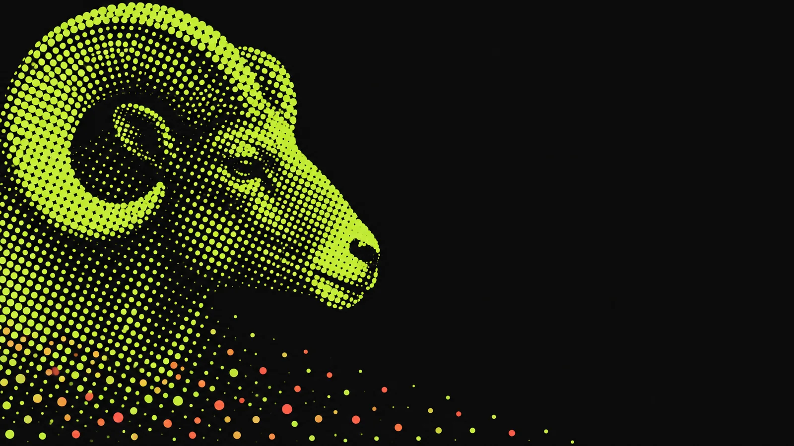 A ram's head in profile, drawn entirely in halftone printing dots that loosen and scatter into coral at the lower edge.